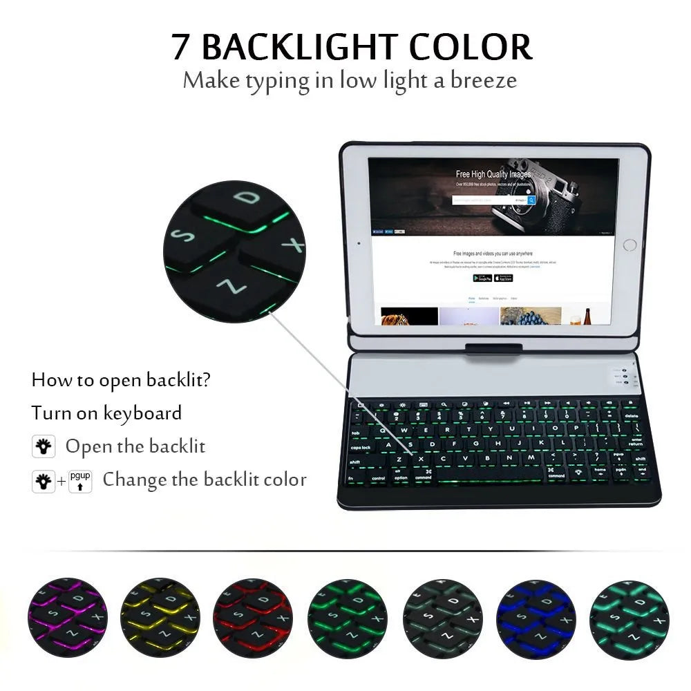 For New iPad 9.7 2017 7 Colors LED Backlit 360 Degree Swivel Rotating Smart Clamshell Wireless Bluetooth Keyboard Case Cover