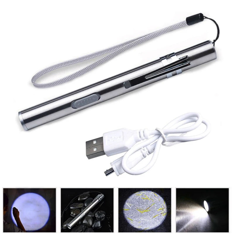 Rechargeable LED Flashlight Pen light MINI Torch Cool white + warm white light With USB charging cable Used for camping, doctors