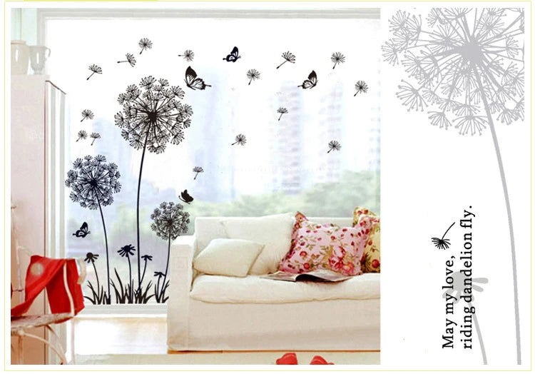 Black Dandelion Wall Stickers Butterflies On The Wall Living Room Bedroom Glass Window Decoration Mural Art Home Decor Decals