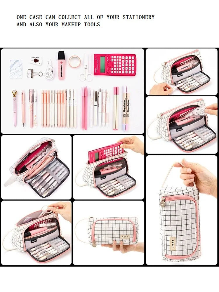 Pencil Case Stationery Bag Pen Holder School Supplies Office College Student Girl BagChristmas Gift White Plaid Stationary Pouch