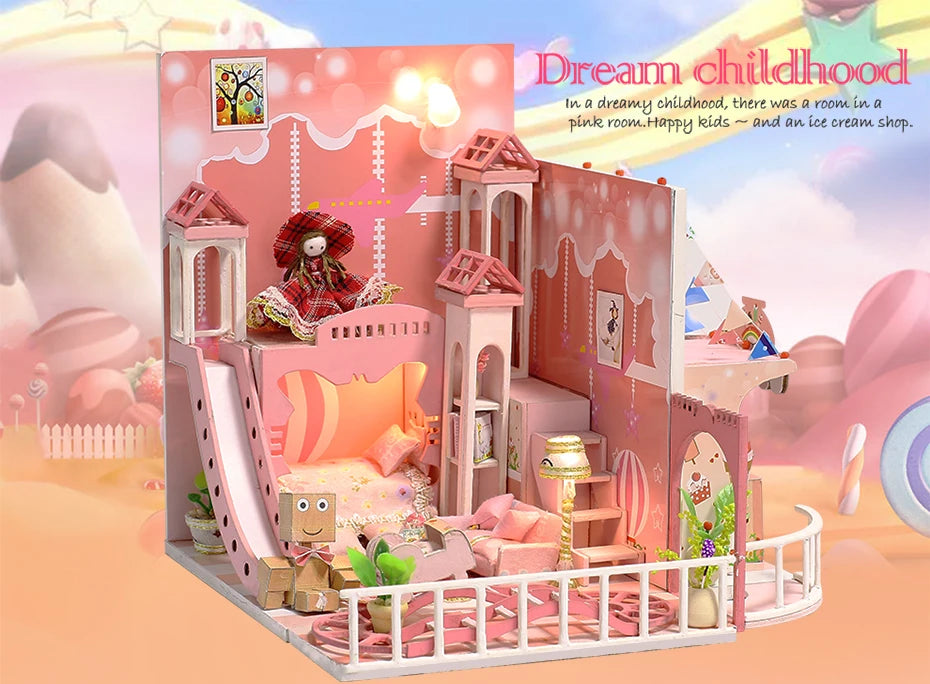 DIY Doll House Wooden Doll Houses Miniatures Dollhouse Furniture Kit With LED Baby Kid Assemble Toys For Children Christmas Gift