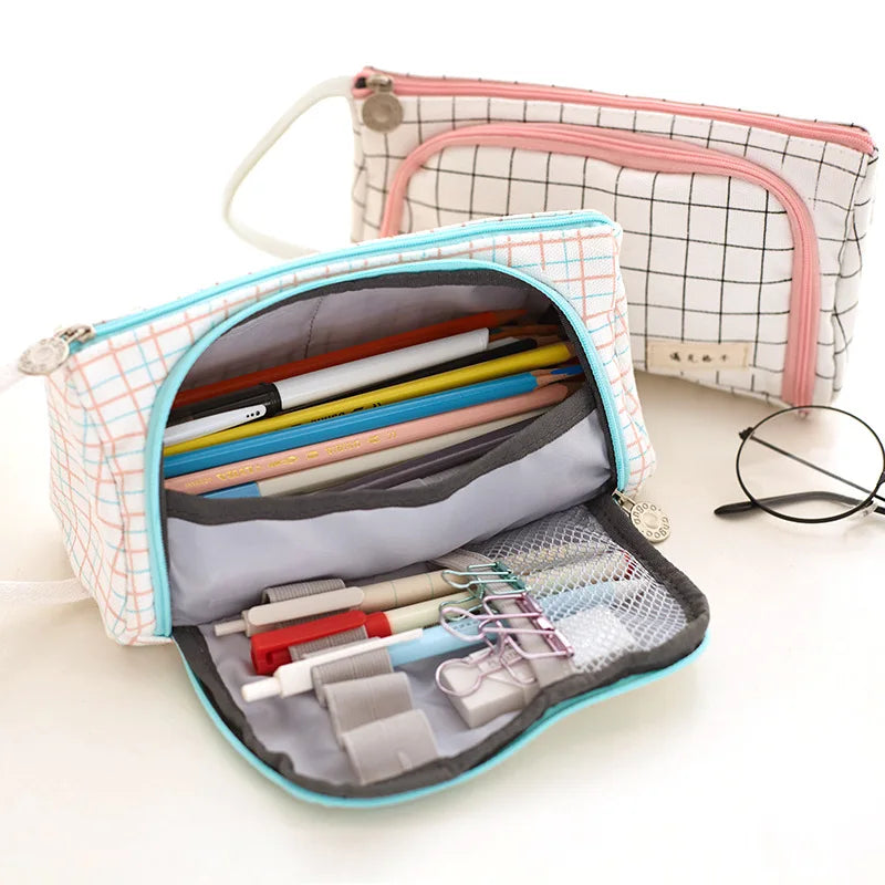 Pencil Case Stationery Bag Pen Holder School Supplies Office College Student Girl BagChristmas Gift White Plaid Stationary Pouch