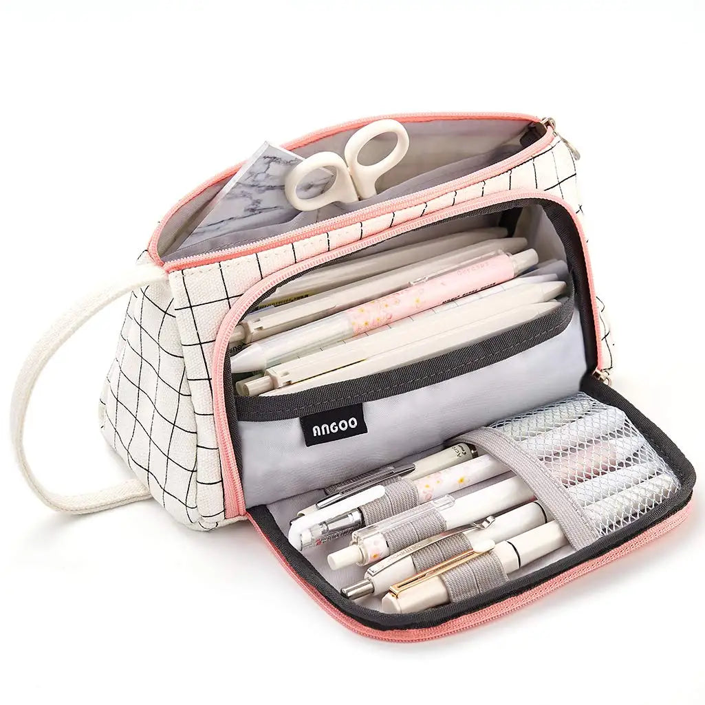 Pencil Case Stationery Bag Pen Holder School Supplies Office College Student Girl BagChristmas Gift White Plaid Stationary Pouch