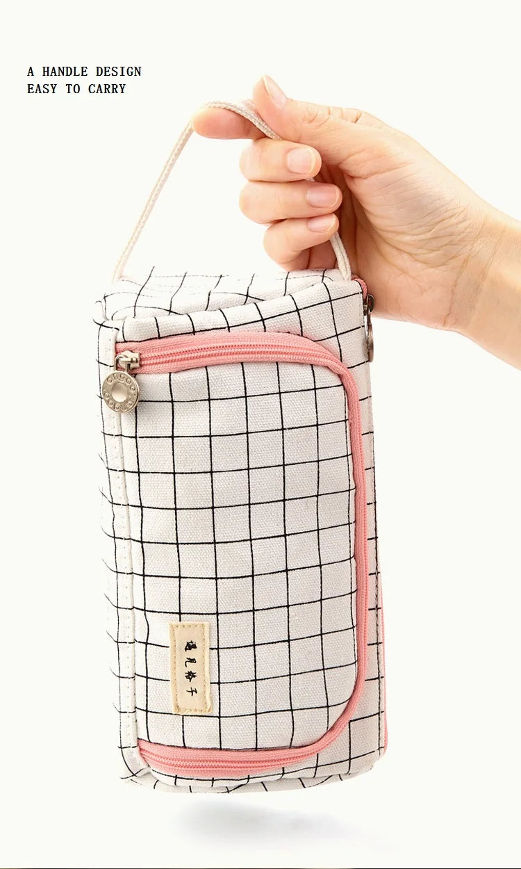 Pencil Case Stationery Bag Pen Holder School Supplies Office College Student Girl BagChristmas Gift White Plaid Stationary Pouch