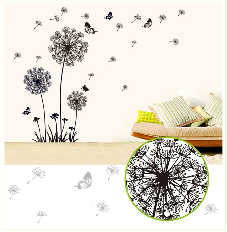 Black Dandelion Wall Stickers Butterflies On The Wall Living Room Bedroom Glass Window Decoration Mural Art Home Decor Decals