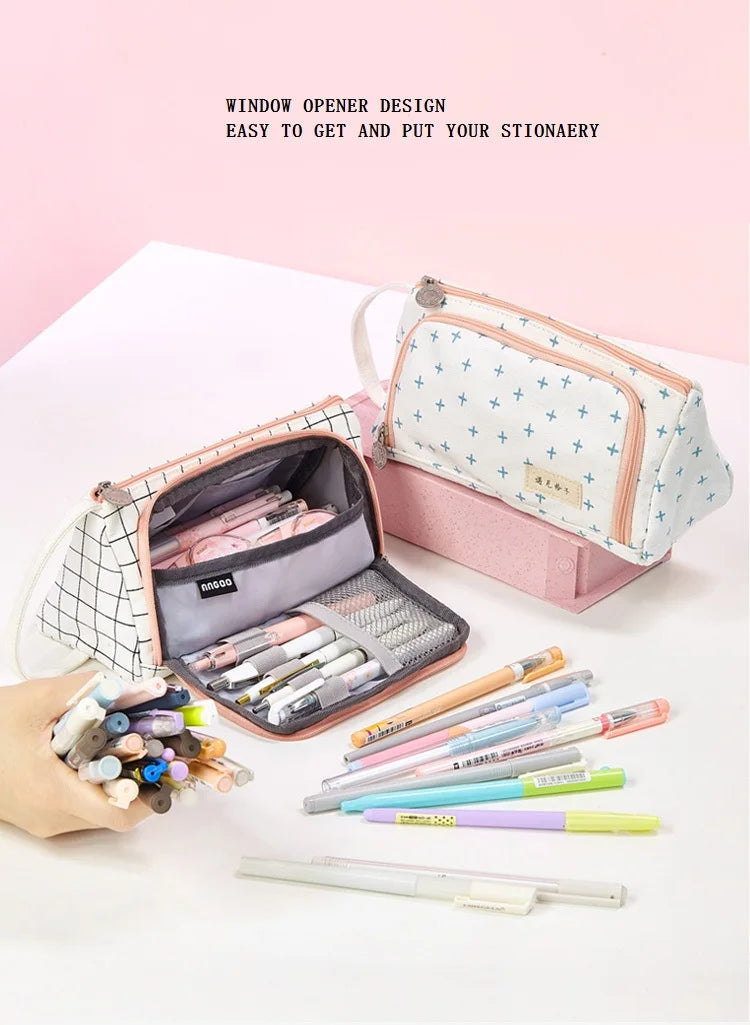 Pencil Case Stationery Bag Pen Holder School Supplies Office College Student Girl BagChristmas Gift White Plaid Stationary Pouch