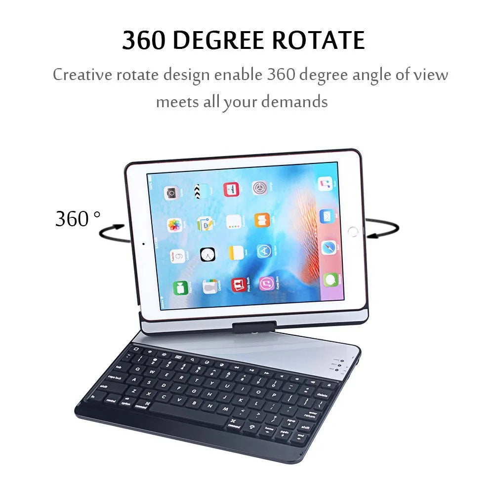 For New iPad 9.7 2017 7 Colors LED Backlit 360 Degree Swivel Rotating Smart Clamshell Wireless Bluetooth Keyboard Case Cover