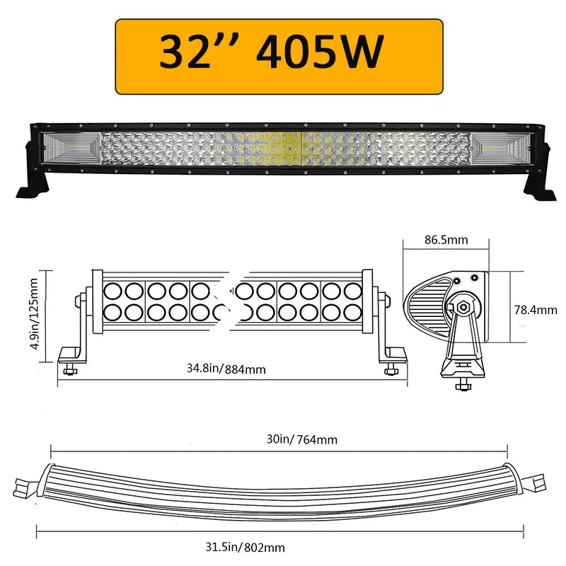 Auxtings 22 32 42 52'' in Curved/Straight Led Light Bar COMBO Led Work light bar Driving Offroad Car Truck 4x4 SUV ATV 12V 24V