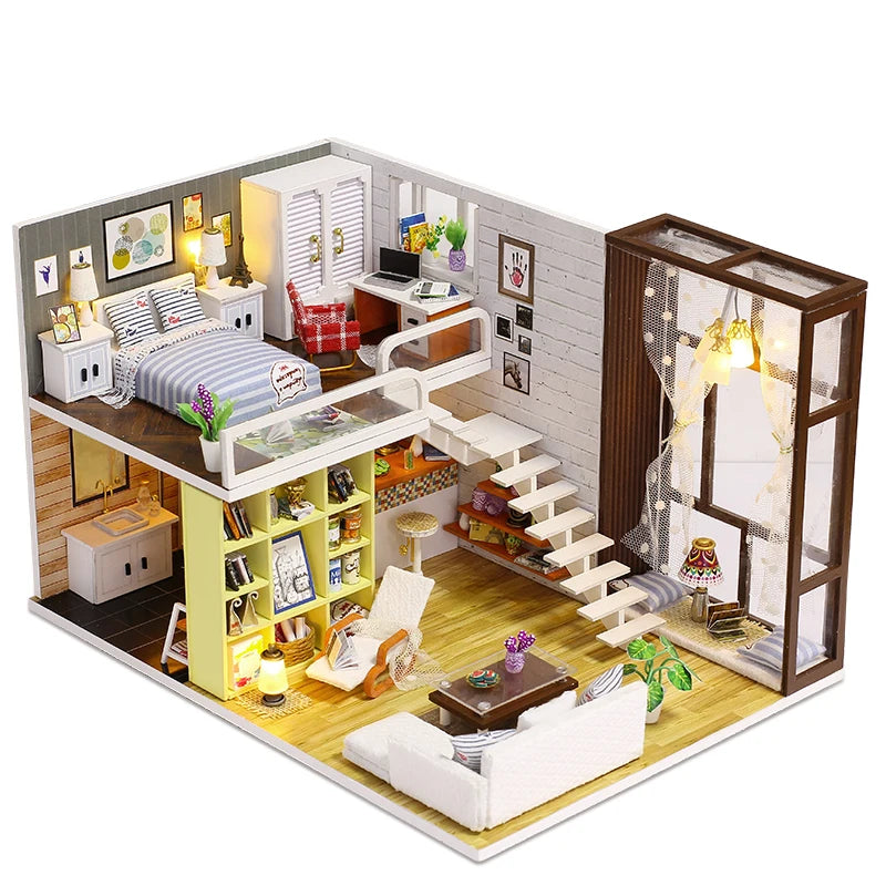 DIY Doll House Wooden Doll Houses Miniatures Dollhouse Furniture Kit With LED Baby Kid Assemble Toys For Children Christmas Gift