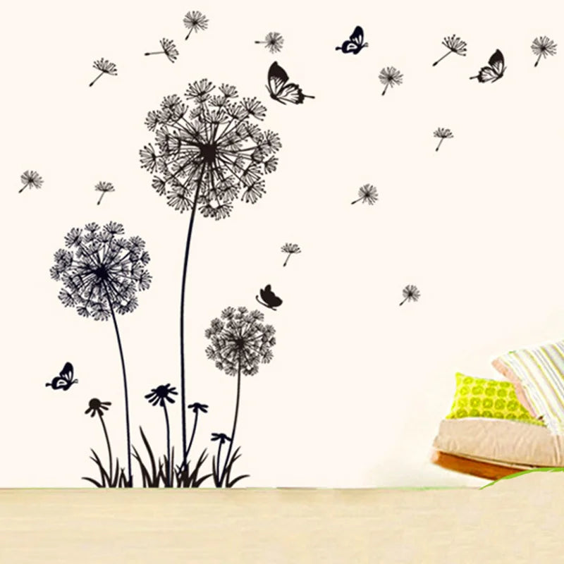 Black Dandelion Wall Stickers Butterflies On The Wall Living Room Bedroom Glass Window Decoration Mural Art Home Decor Decals