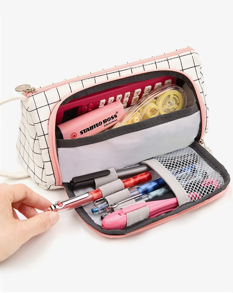 Pencil Case Stationery Bag Pen Holder School Supplies Office College Student Girl BagChristmas Gift White Plaid Stationary Pouch