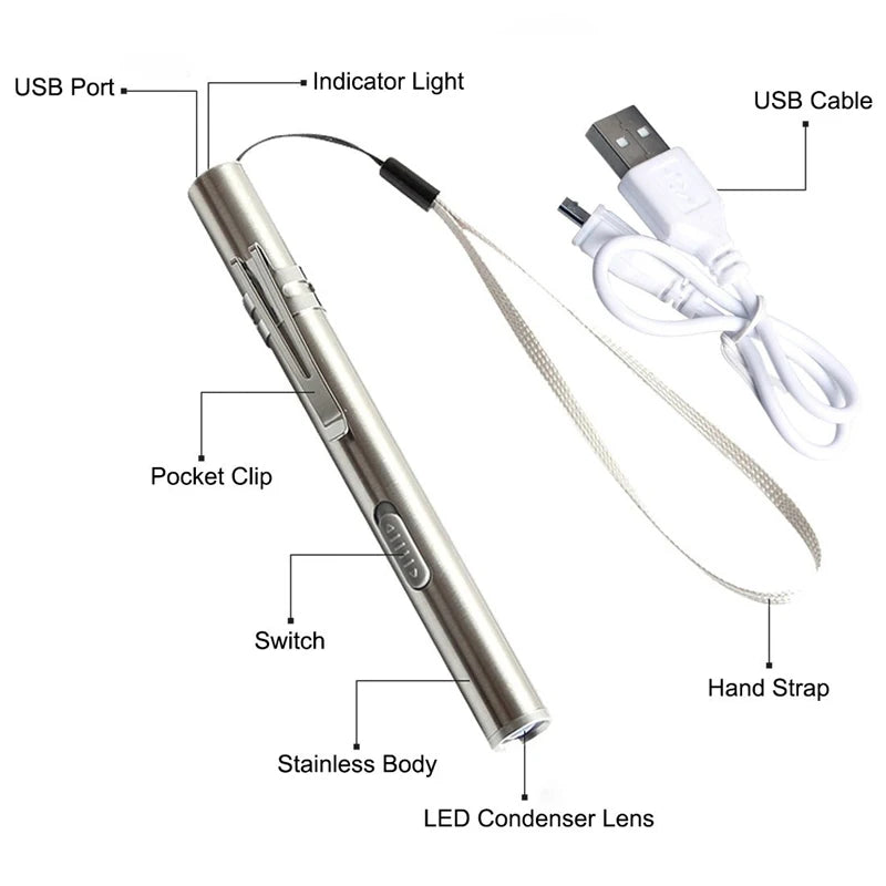 Rechargeable LED Flashlight Pen light MINI Torch Cool white + warm white light With USB charging cable Used for camping, doctors