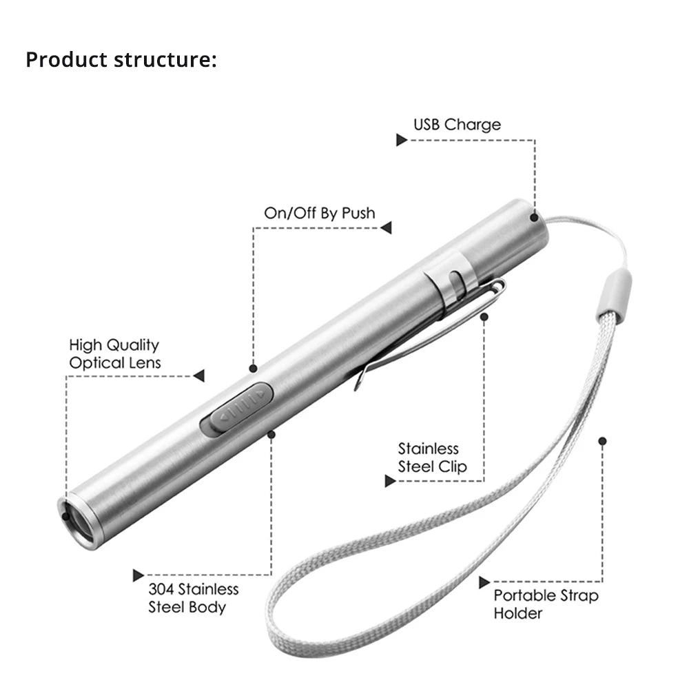 Rechargeable LED Flashlight Pen light MINI Torch Cool white + warm white light With USB charging cable Used for camping, doctors