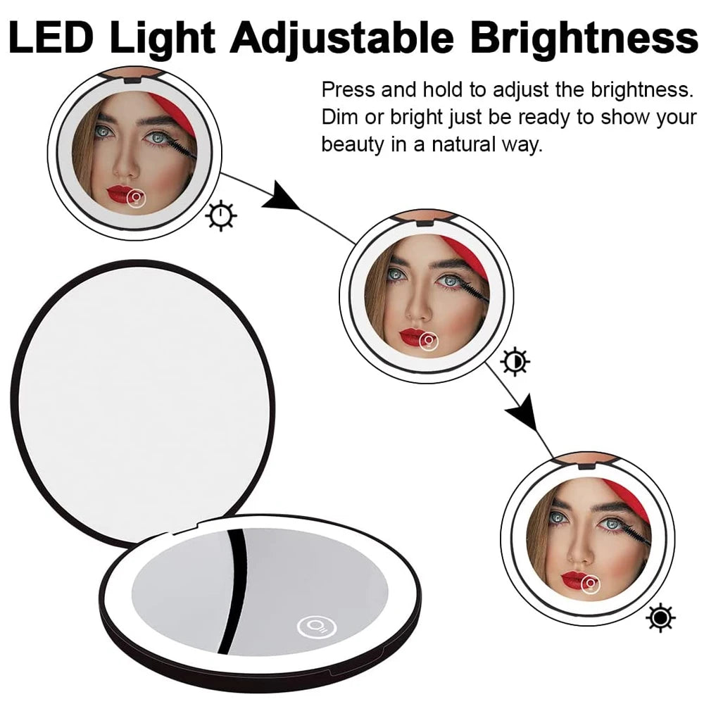 Mini Portable Folding Travel Mirror LED Light Makeup Mirror Compact Mirror 10X Magnification 2-sided Beauty Makeup Round Mirror