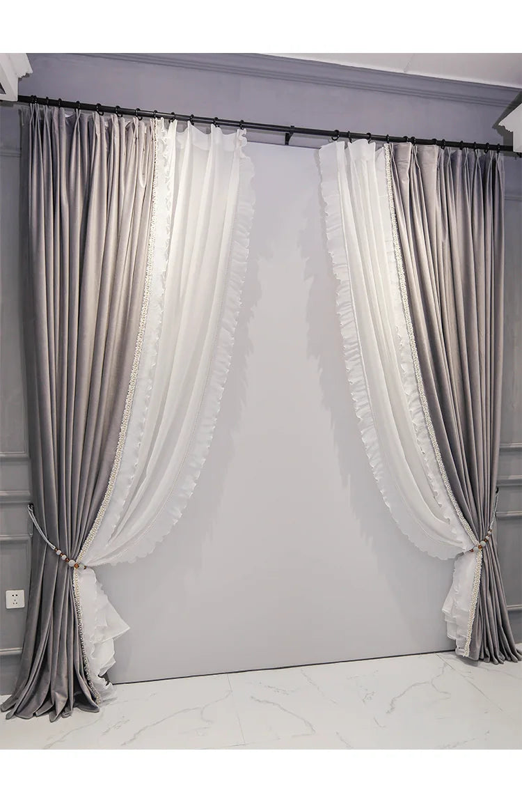 French Luxury Curtains for Living Room Romantic Dining Bedroom Windows Gray Velvet High Shading Stitching Lace Solid Color