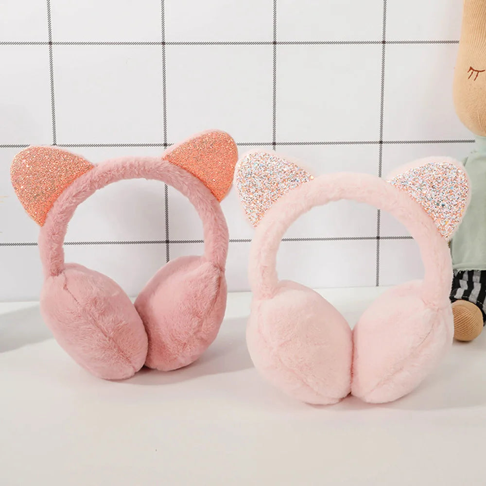 New Lovely Winter Warm Cat Ear Warmers Glitter Ears Plush Earmuffs for Women Playful Girls Ear Muffs Cold Protection Warm Hot