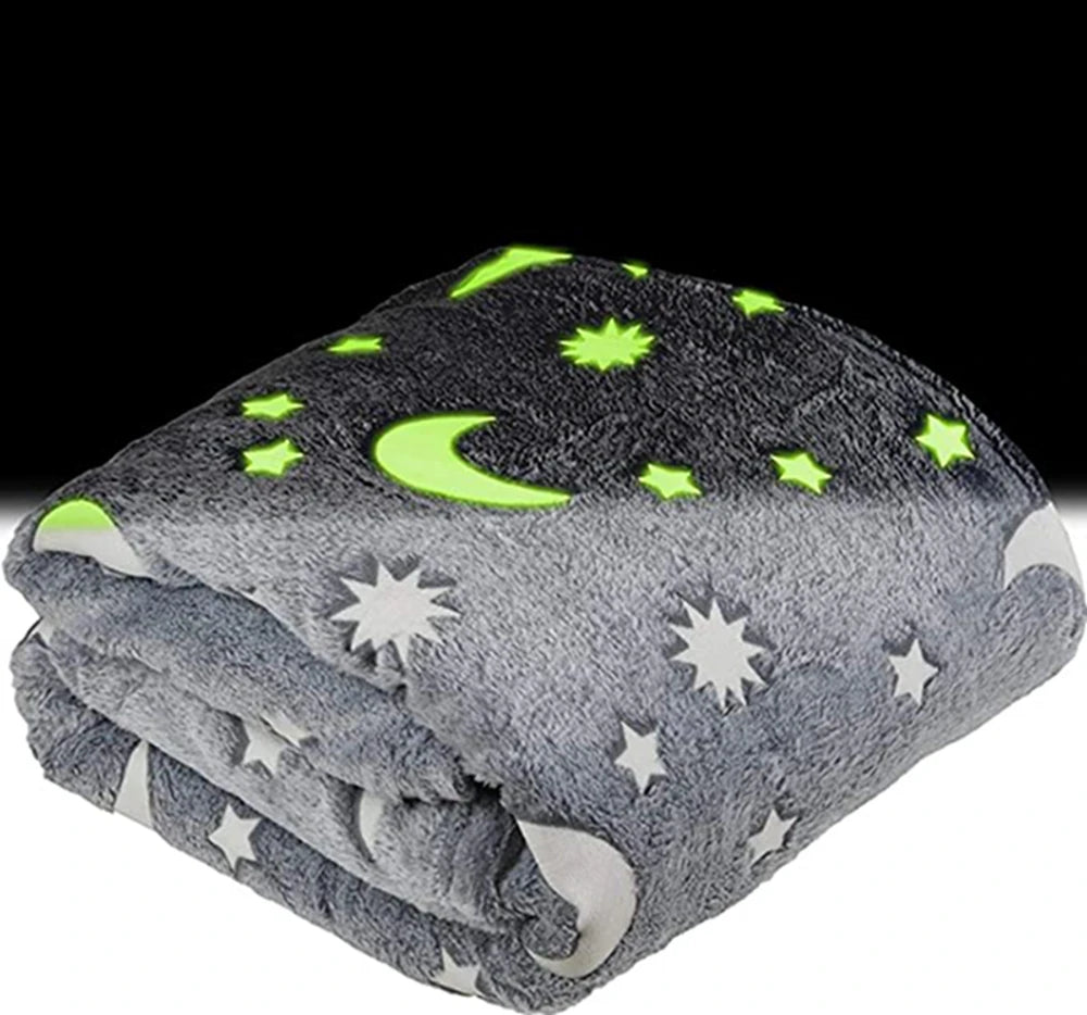 Inyahome Glow in The Dark Throw Blanket Super Soft Fuzzy Fluffy Plush Fleece Decorated with Stars and Moon of Healing Best Gift