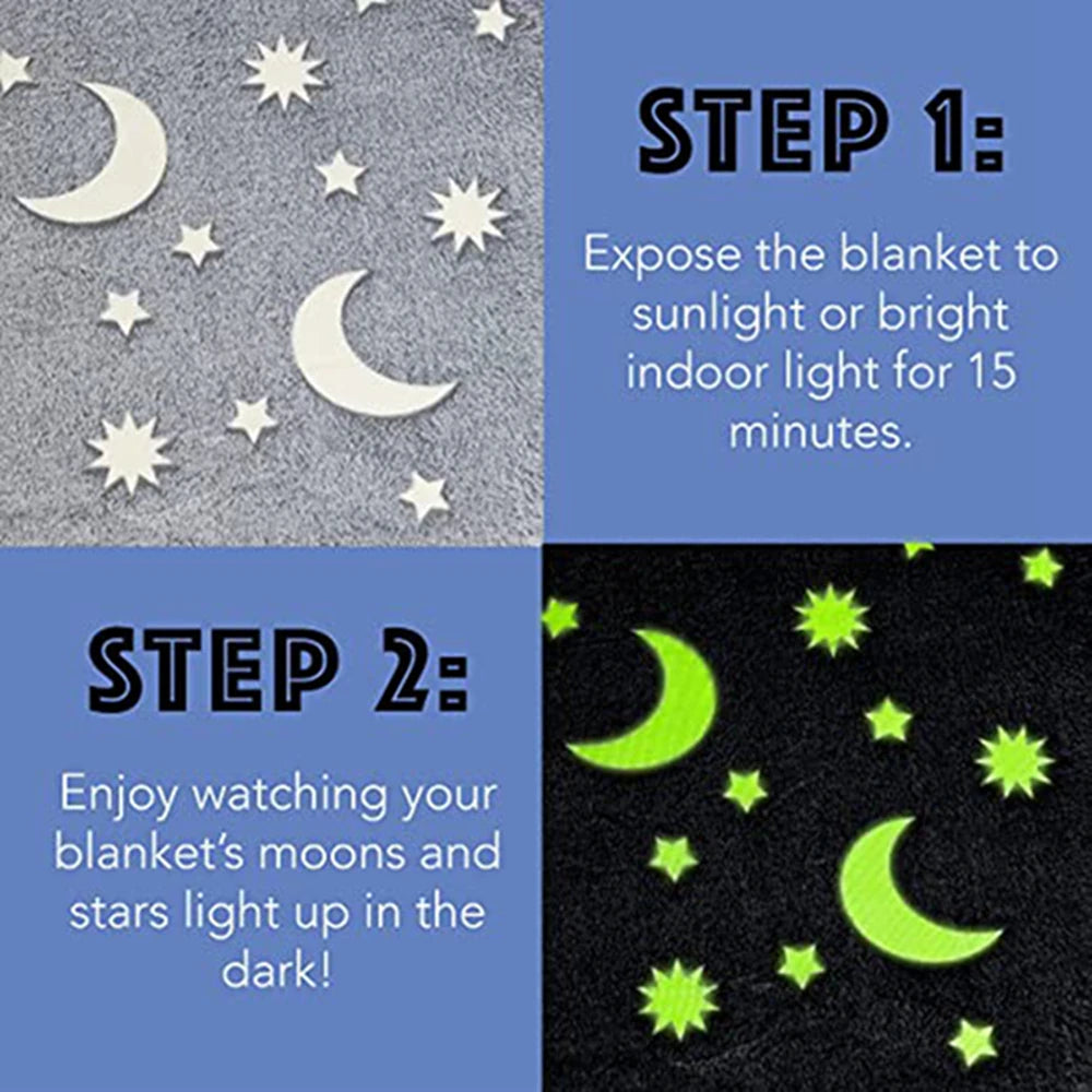 Inyahome Glow in The Dark Throw Blanket Super Soft Fuzzy Fluffy Plush Fleece Decorated with Stars and Moon of Healing Best Gift