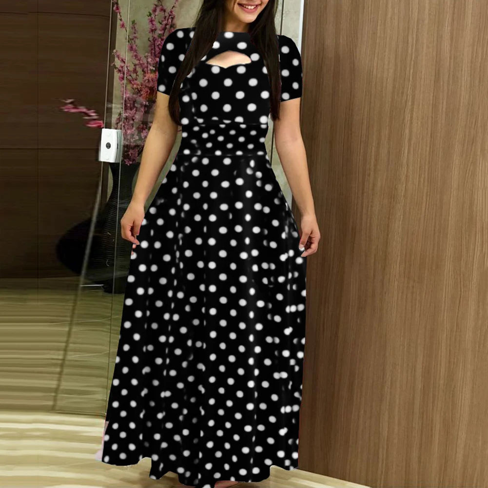 Women Short Sleeve Floral Print Waist Tight Large Swing Maxi Dress Sundress Casual Sundress Cotton O Neck Maxi Dress