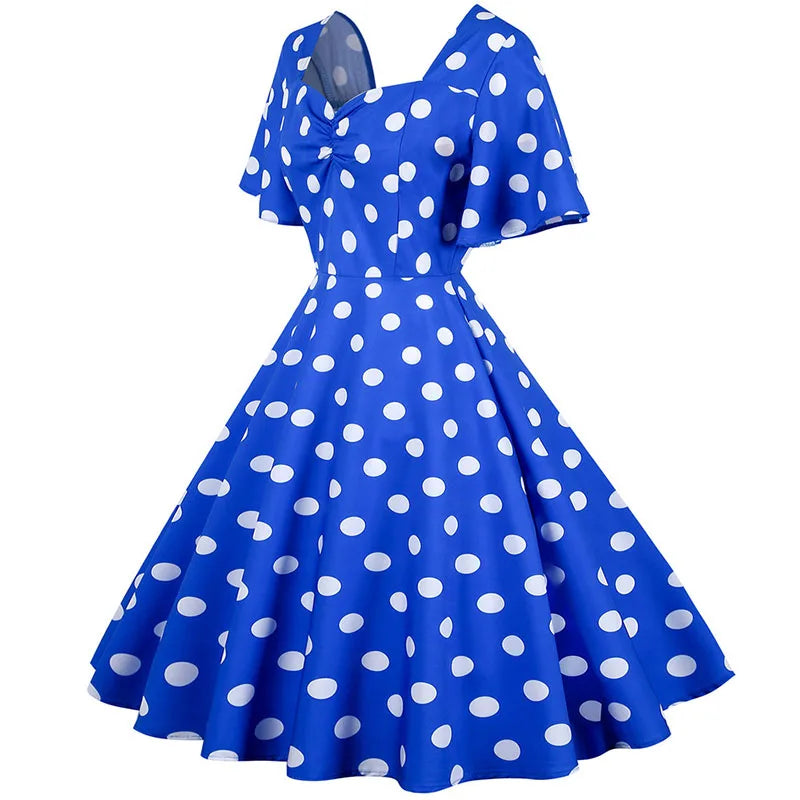 Women Summer Dress Butterfly Sleeve Swing Vintage Dresses Robe Femme Elegant Green Polka Dot Party Sundress Jurken