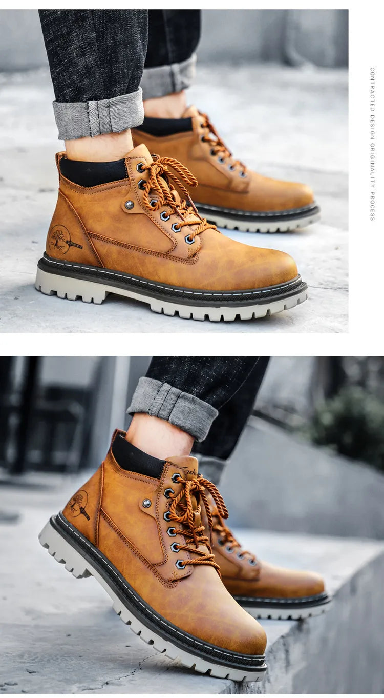 Men Snow Boots High Quality Leather Ankle Boots Warm Fur Motorcycle Boots Fashion Winter Men Boots Outdoor Men's Work Boots