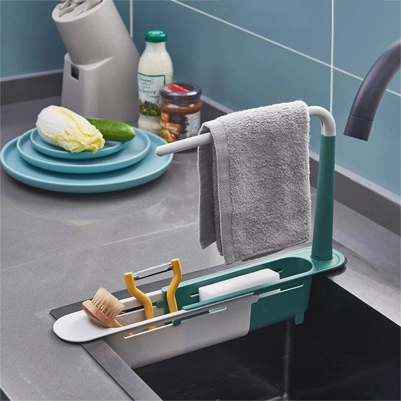 Kitchen Sink Organizer Telescopic Sink Shelf Drainer Rack Storage Basket Soap Sponge Storage Towel Rack Adjustable Sink Tool