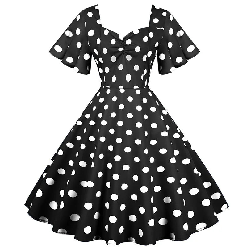 Women Summer Dress Butterfly Sleeve Swing Vintage Dresses Robe Femme Elegant Green Polka Dot Party Sundress Jurken