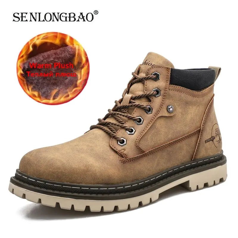 Men Snow Boots High Quality Leather Ankle Boots Warm Fur Motorcycle Boots Fashion Winter Men Boots Outdoor Men's Work Boots