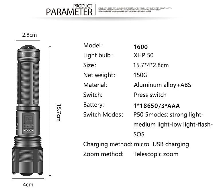 Super Bright LED Flashlight Rechargeable High Quality P70.2 P50 Tactical Hunting Torch Usb Zoomable Lantern By 18650 Battery