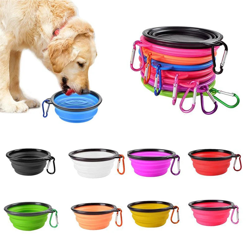 Folding Pet Silicone Dog Food Water Bowl Outdoor Travel Portable Dogs Feeder with Carabiner Puppy Food Container Dog Accessories