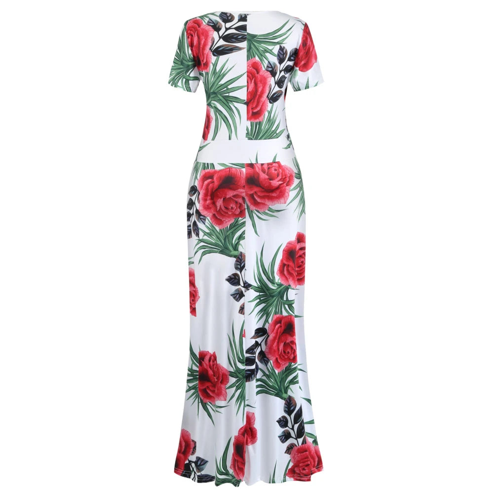 Women Short Sleeve Floral Print Waist Tight Large Swing Maxi Dress Sundress Casual Sundress Cotton O Neck Maxi Dress