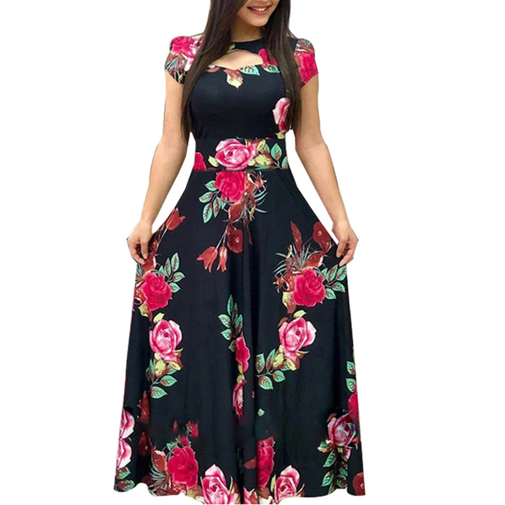 Women Short Sleeve Floral Print Waist Tight Large Swing Maxi Dress Sundress Casual Sundress Cotton O Neck Maxi Dress