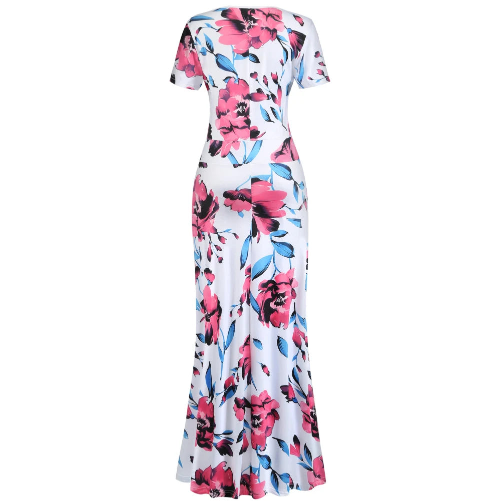 Women Short Sleeve Floral Print Waist Tight Large Swing Maxi Dress Sundress Casual Sundress Cotton O Neck Maxi Dress