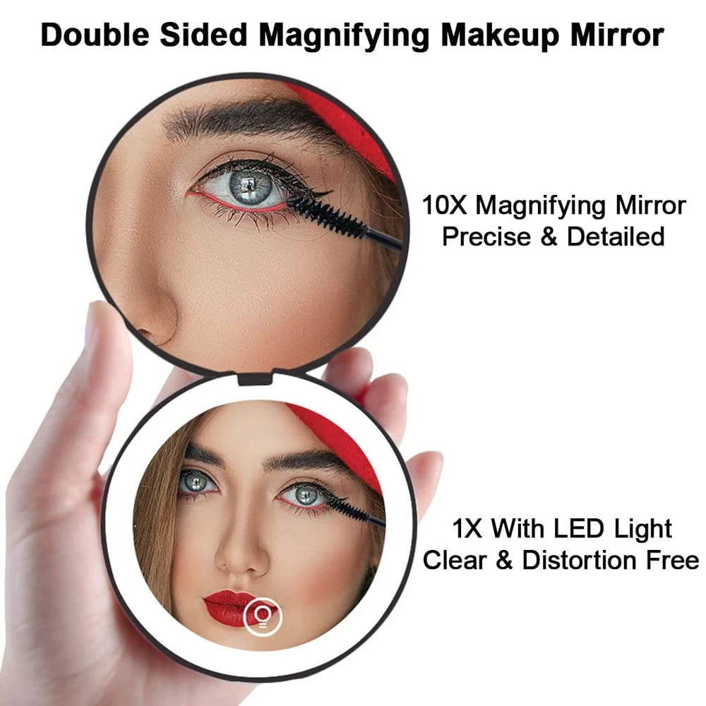 Mini Portable Folding Travel Mirror LED Light Makeup Mirror Compact Mirror 10X Magnification 2-sided Beauty Makeup Round Mirror