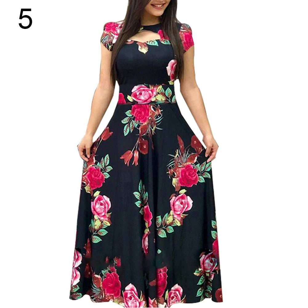 Women Short Sleeve Floral Print Waist Tight Large Swing Maxi Dress Sundress Casual Sundress Cotton O Neck Maxi Dress