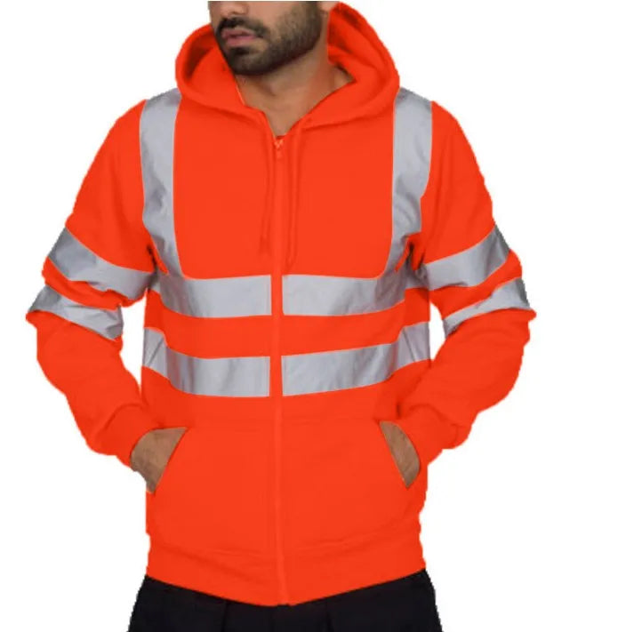 Men Reflective Strip Sanitation Overalls Fleece Hooded Jacket for Cold-Proof Outdoor Sweater Work Safety Coat Outdoor