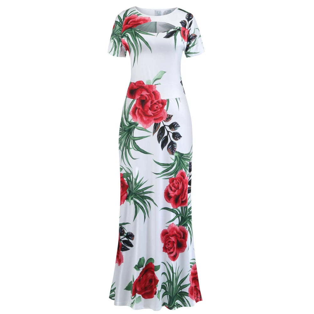 Women Short Sleeve Floral Print Waist Tight Large Swing Maxi Dress Sundress Casual Sundress Cotton O Neck Maxi Dress