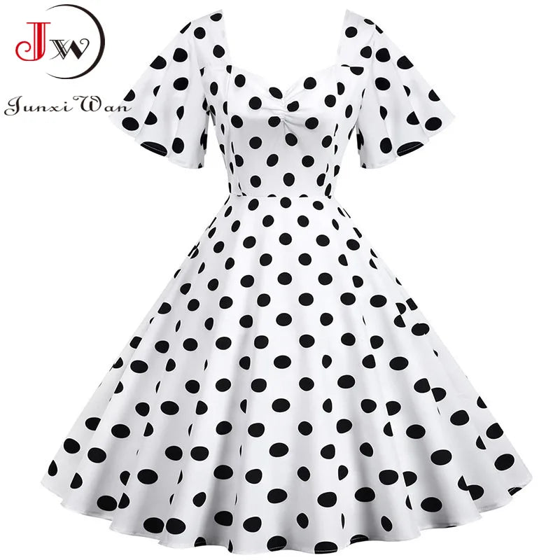 Women Summer Dress Butterfly Sleeve Swing Vintage Dresses Robe Femme Elegant Green Polka Dot Party Sundress Jurken