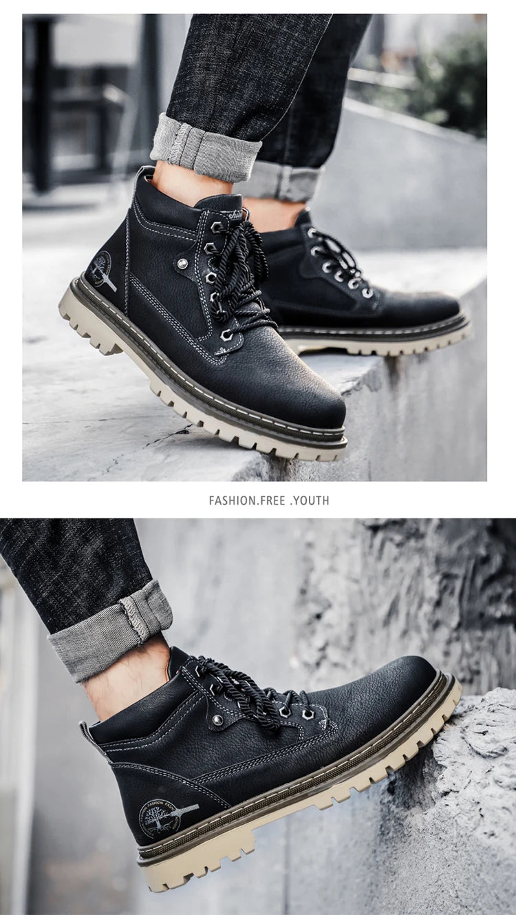 Men Snow Boots High Quality Leather Ankle Boots Warm Fur Motorcycle Boots Fashion Winter Men Boots Outdoor Men's Work Boots