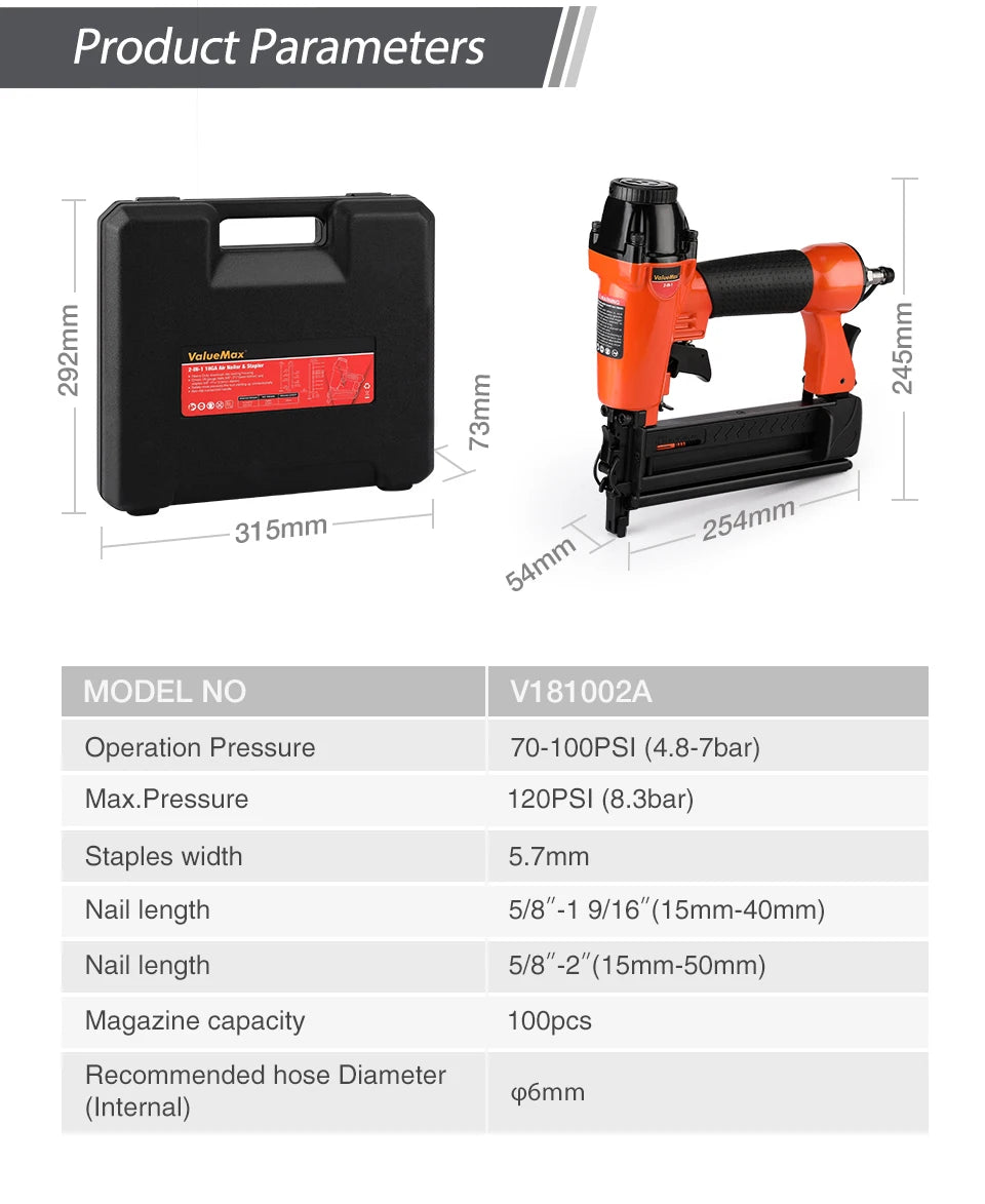 ValueMax 2 in1 Air Nail Gun Furniture Brad Nailer Pneumatic Gun Wood Frame Stapler Pneumatic Tool Power Tools with 400pc Staples