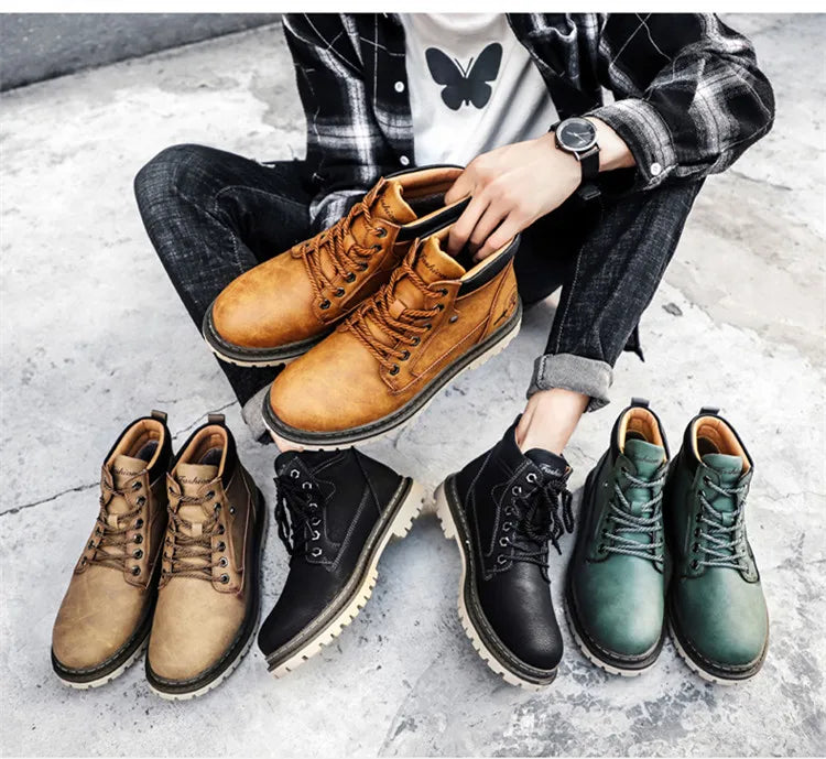 Men Snow Boots High Quality Leather Ankle Boots Warm Fur Motorcycle Boots Fashion Winter Men Boots Outdoor Men's Work Boots