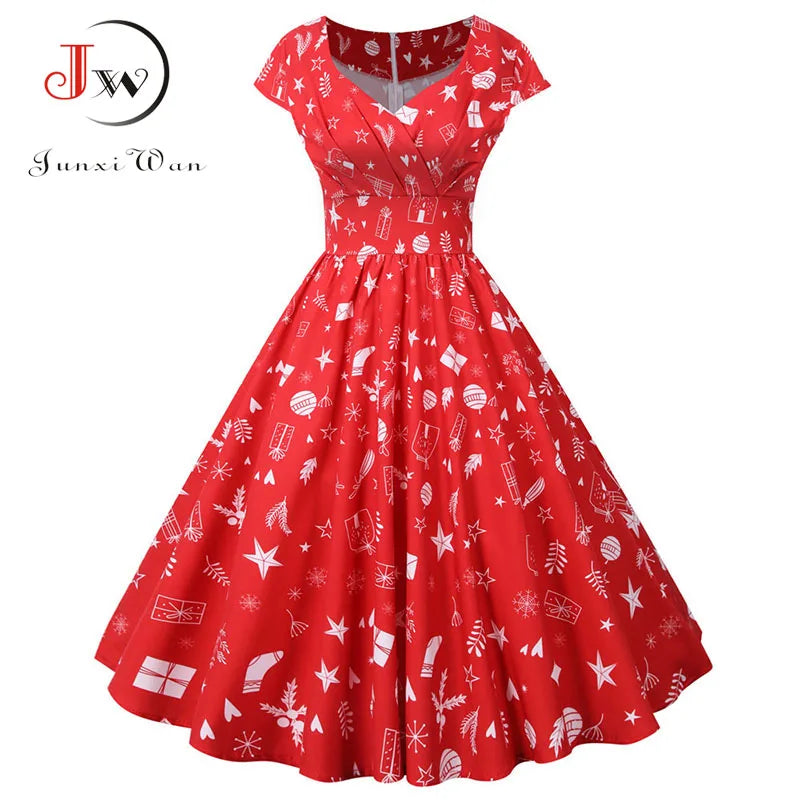 White Print Vintage Christmas Dress Women Winter Big Swing Elegant Short Sleeve V Neck Sexy New Year Party Sundress