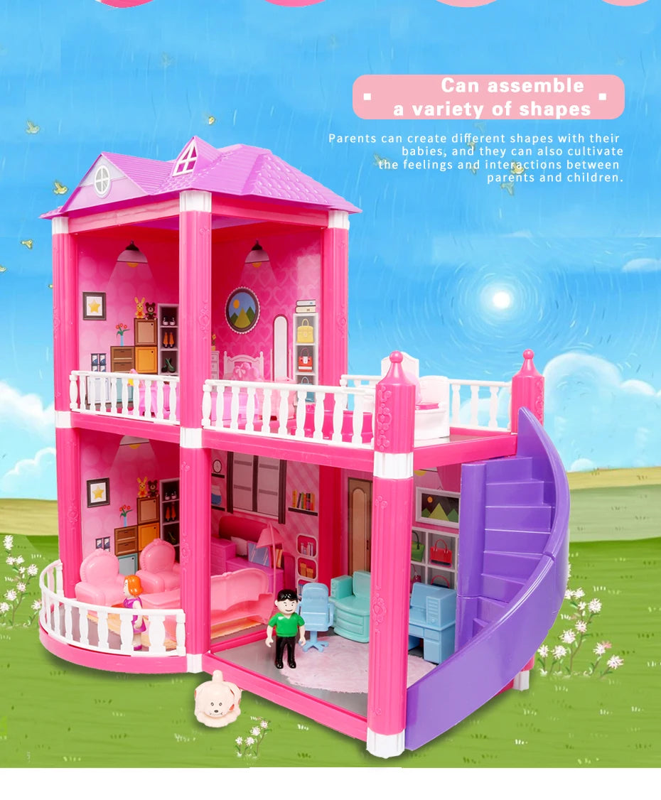 Baby DIY Doll house Toys Pink Assemble Princess Villa Handmade Construction Casa Miniature Furniture Dollhouse For Children Gift