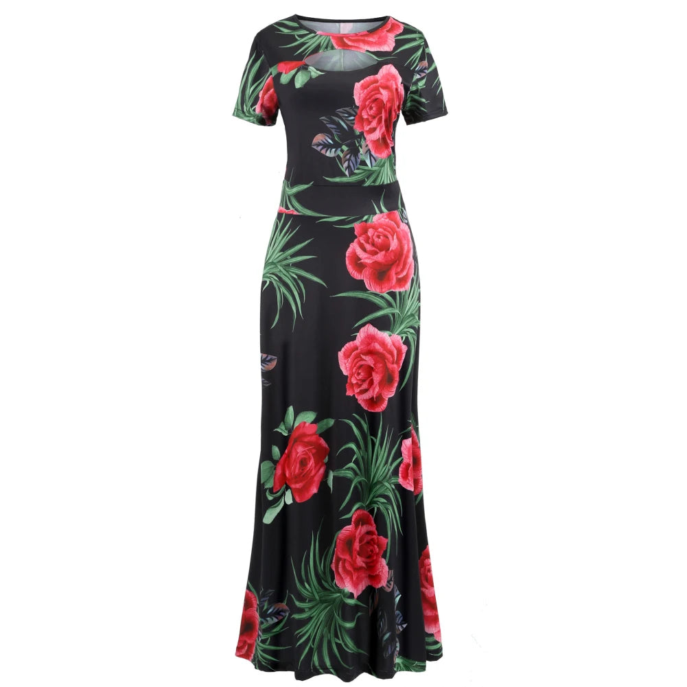 Women Short Sleeve Floral Print Waist Tight Large Swing Maxi Dress Sundress Casual Sundress Cotton O Neck Maxi Dress