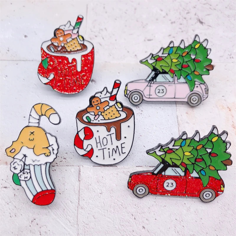 Cartoon Christmas Gift Tree Car Cup Sock Coffee Enamel Brooch Alloy Badge Denim Clothes Backpack Pin Cute Sweet Woman Jewelry