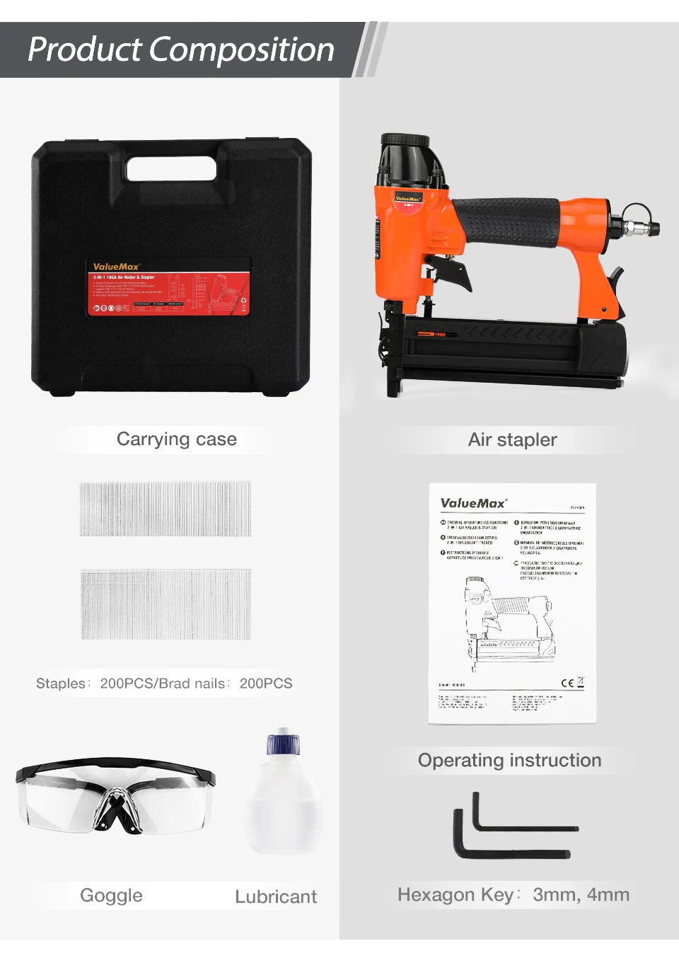 ValueMax 2 in1 Air Nail Gun Furniture Brad Nailer Pneumatic Gun Wood Frame Stapler Pneumatic Tool Power Tools with 400pc Staples