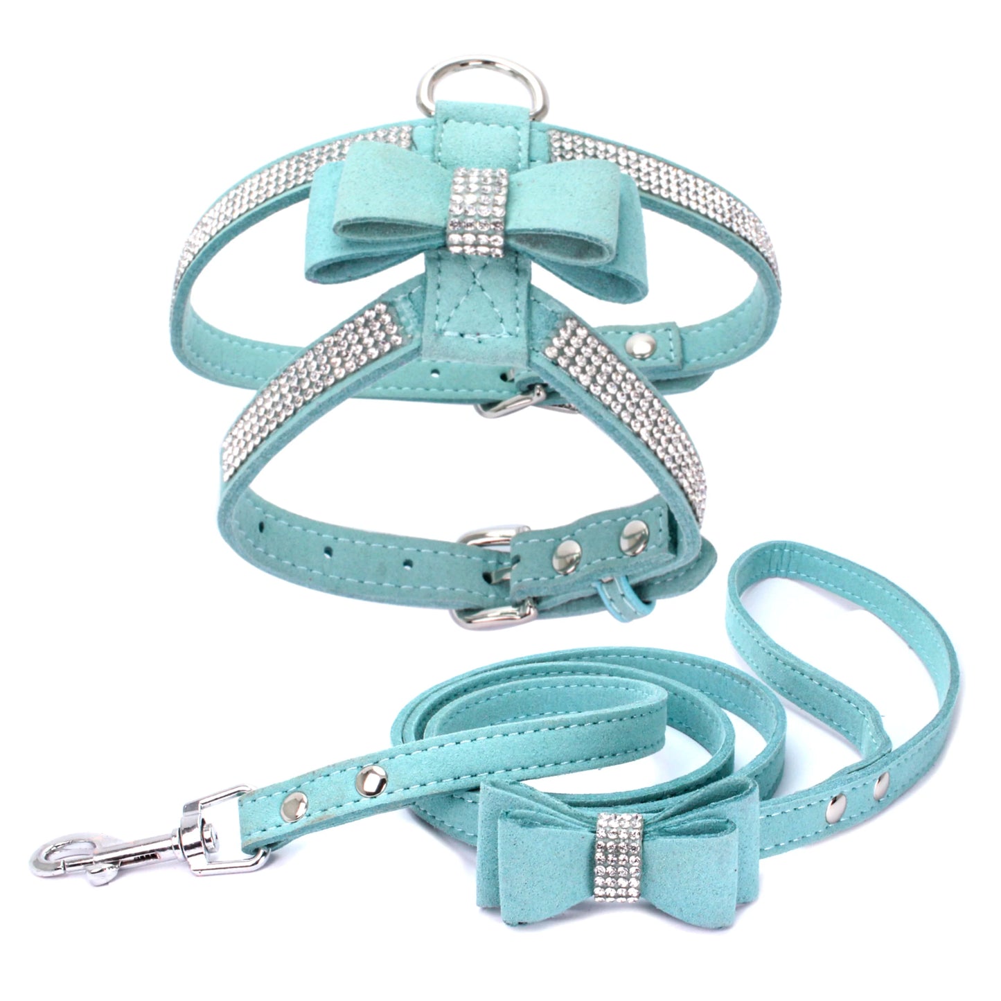 Pet Harness Leash With Rhinestone Bling Crystal Adjustable Chest Strap Soft Suede Bow Leather High Quality Drop Shipping