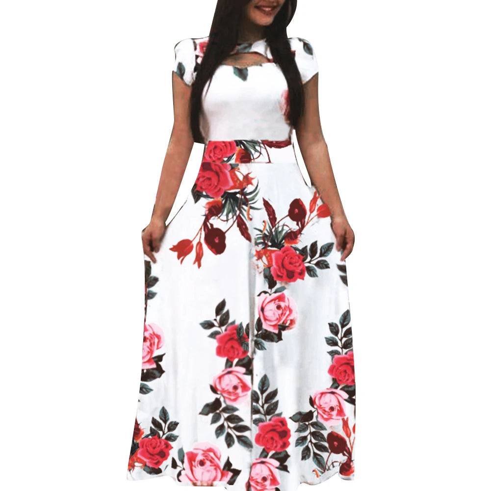 Women Short Sleeve Floral Print Waist Tight Large Swing Maxi Dress Sundress Casual Sundress Cotton O Neck Maxi Dress