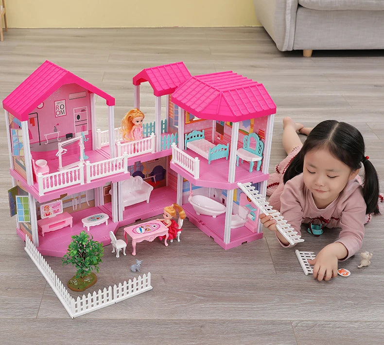 QWZ New Baby DIY Doll House Girls Pretend Toy Handmade Castle Dollhouse Birthday Gifts Educational Toys Doll Villa for Girl