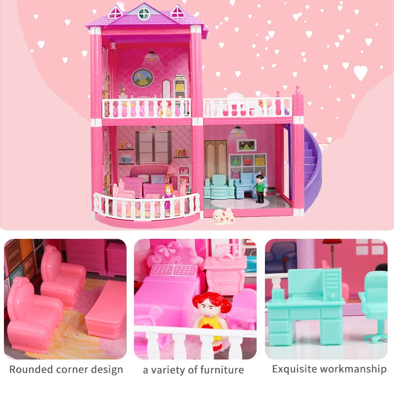 Baby DIY Doll house Toys Pink Assemble Princess Villa Handmade Construction Casa Miniature Furniture Dollhouse For Children Gift